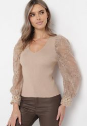 Beżowy Sweter z Bufiastym i Przezroczystym Rękawem Ottavio. Brązowe swetry Born2be, s, bez wzorów, z koronki, bez ramiączek. W wyprzedaży za 101.99 zł.