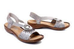 RIEKER 60880-90 metallic, sandały damskie. Szare sandały Rieker, bez wzorów, z gumy, bez obcasa, bez zapięcia. Za 289.90 zł.