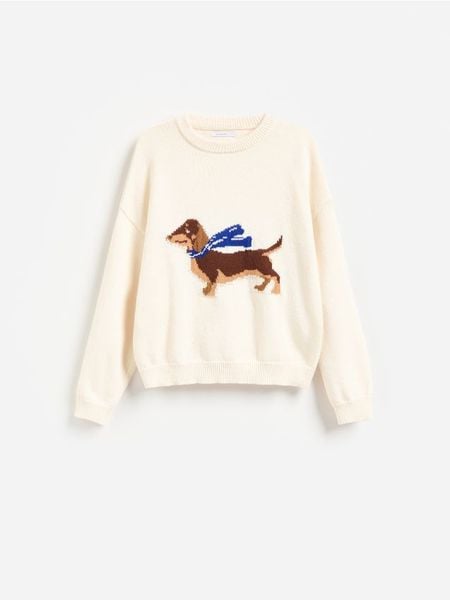 Sweter ze zwierzęcym motywem - kremowy. Białe swetry Reserved, l, bez wzorów, z bawełny, bez ramiączek. Za 129.99 zł.