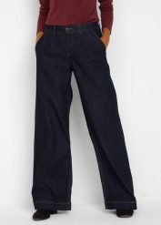 Jeansy o kroju wide leg, high waist z wygodnym pasem. Niebieskie jeansy bonprix, bez wzorów, z jeansu, eleganckie, z podwyższonym stanem. Za 144.99 zł.