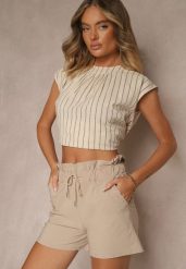 Beżowe Szorty z Bawełną High Waist z Ozdobnym Sznurkiem Axemia. Brązowe szorty Renee, bez wzorów, z bawełny, eleganckie. W wyprzedaży za 43.99 zł.