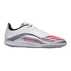 Buty piłkarskie adidas F50 Messi Club In JP7452 białe. Białe buty treningowe bez wzorów, z gumy, bez zapięcia, do piłki nożnej. Za 304.42 zł.