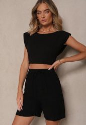 Czarne Wiskozowe Szorty Bermudy High Waist z Lnem Dorotella. Czarne szorty Renee, bez wzorów, z materiału, eleganckie. W wyprzedaży za 67.99 zł.