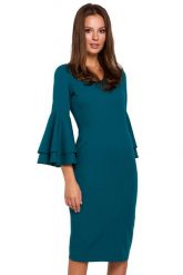 Sukienka na wesele elegancka midi z bufiastymi rękawami morski. Zielone sukienki Makover, na wesele, xl, bez wzorów, eleganckie, bez kołnierzyka, bez ramiączek, midi, dopasowane. Za 289.00 zł.