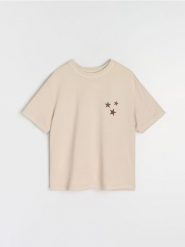 Bluza z krótkim rękawem i napisem na plecach - kremowy. Białe bluzy Sinsay, l, bez wzorów, bez kaptura. Za 35.99 zł.