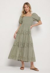 Zielona Bawełniana Sukienka z Haftowanym Wzorem Iffanella. Zielone sukienki Born2be, na co dzień, l, bez wzorów, z bawełny, eleganckie, bez kołnierzyka, bez ramiączek, maxi. Za 209.99 zł.