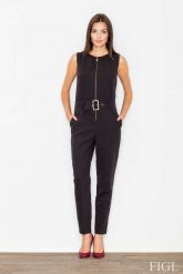 Czarny Elegancki Kombinezon na Suwak z Paskiem. Czarne kombinezony Figl, m, bez wzorów, z materiału, eleganckie, bez kołnierzyka, bez ramiączek. Za 319.00 zł.