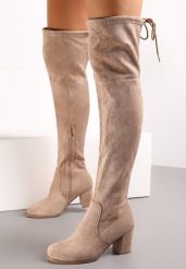 Ciemnobeżowe Kozaki ze Ściąganą Cholewką za Kolano na Słupku Alicva. Brązowe kozaki Renee, bez wzorów, za kolano, bez obcasa, na obcasie, bez zapięcia. Za 169.99 zł.