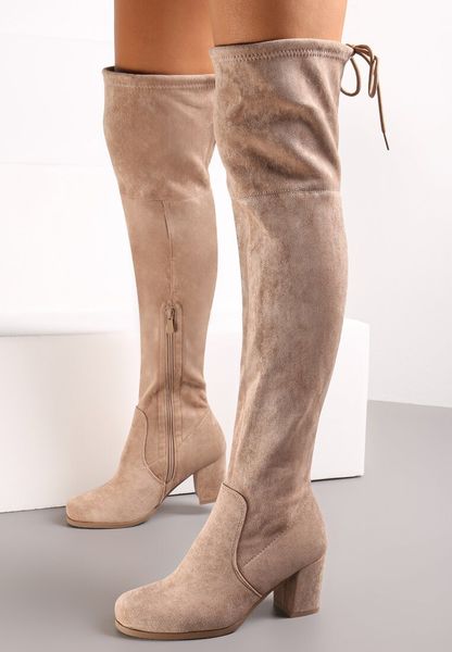 Ciemnobeżowe Kozaki ze Ściąganą Cholewką za Kolano na Słupku Alicva. Brązowe kozaki Renee, bez wzorów, za kolano, bez obcasa, na obcasie, bez zapięcia. Za 169.99 zł.