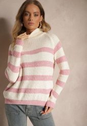 Różowo-Kremowy Golf z Wiskozą w Paski Zericea. Czerwone swetry Renee, na zimę, bez wzorów, z jeansu, eleganckie, bez ramiączek. W wyprzedaży za 55.99 zł.