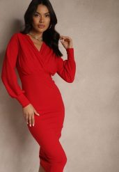 Czerwona Koktajlowa Kopertowa Sukienka z Bufiastymi Rękawami Edellira. Czerwone sukienki Renee, na imprezę, l, bez wzorów, eleganckie, bez kołnierzyka, bez ramiączek, midi, kopertowe. W wyprzedaży za 119.99 zł.