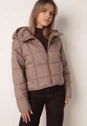 Ciemnobeżowa Pikowana Kurtka na Sezon Przejściowy Puffer z Kapturem i Kołnierzem Alaile. Brązowe kurtki Born2be, l, bez wzorów, z dzianiny, casualowe, z kapturem. Za 179.99 zł.