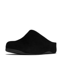 Damskie klapki z zamszu FitFlop Shuv. Czarne klapki FIT FLOP, bez wzorów, z materiału, eleganckie, bez obcasa, bez zapięcia. Za 754.50 zł.