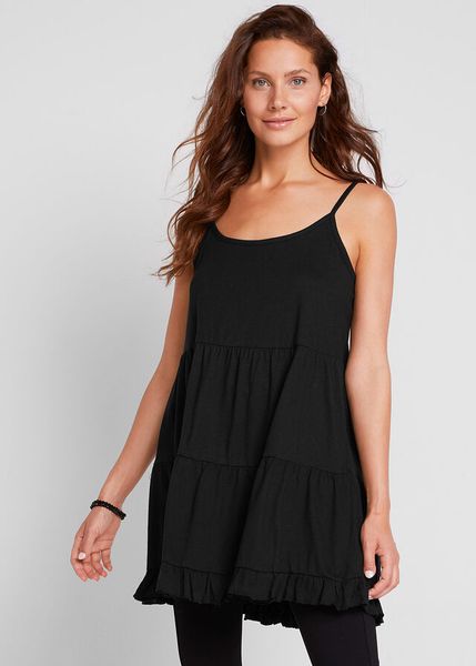 Top na cienkich ramiączkach z falbanami. Czarne topy bonprix, bez wzorów, bez kołnierzyka, bez ramiączek. Za 82.99 zł.