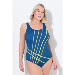 Damski Strój kąpielowy kolorowe wypustki bez miękkich miseczek. Niebieskie stroje jednoczęściowe Ulla Popken, bez wzorów, z elastanu, sportowe. Za 195.99 zł.