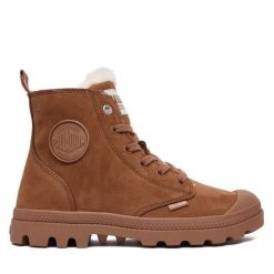 Trapery Palladium. Brązowe traperki Palladium, bez wzorów, bez obcasa, bez zapięcia. Za 579.99 zł.
