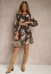 Brązowa Rozkloszowana Sukienka Ozdobiona Kwiatowym Wzorem Zerovia. Brązowe sukienki Renee, na co dzień, l, bez wzorów, z wiskozy, eleganckie, bez kołnierzyka, bez ramiączek, mini, proste. Za 109.99 zł.