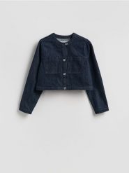 Jeansowa marynarka - granatowy. Niebieskie marynarki i żakiety Reserved, l, bez wzorów, z bawełny, bez ramiączek. Za 129.99 zł.