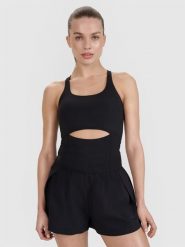 4F Top treningowy slim szybkoschnący damski 4F x Anna Lewandowska - czarny M. Czarne topy sportowe 4f, m, bez wzorów, z dzianiny, na fitness i siłownię. Za 99.99 zł.