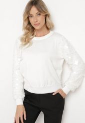Biały Sweter z Wiskozą o Klasycznym Kroju z Cekinowymi Rękawami Evandreth. Białe swetry Born2be, bez wzorów, z jeansu, eleganckie, bez ramiączek. W wyprzedaży za 110.49 zł.