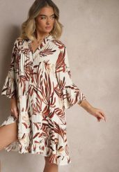 Brązowa Rozkloszowana Sukienka z Wiskozy z Falbanami z Motywem Roślinnym Ridivaria. Brązowe sukienki Renee, na co dzień, l, bez wzorów, z wiskozy, eleganckie, bez kołnierzyka, bez ramiączek, mini, rozkloszowane. W wyprzedaży za 111.99 zł.