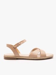 Beżowe sandały ze skóry licowej. Brązowe sandały Ryłko, bez wzorów, ze skóry, eleganckie, z okrągłym noskiem, bez obcasa, na obcasie, bez zapięcia. Za 299.99 zł.