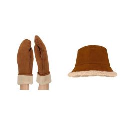 Rękawiczki damskie i kapelusz typu bucket zamsz koniak rozmiar uniwersalny. Brązowe kapelusze SARLINI, na jesień, bez wzorów, z materiału, eleganckie. Za 197.80 zł.