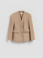 Marynarka z poduszkami na ramionach - beżowy. Brązowe marynarki i żakiety Reserved, l, bez wzorów, z tkaniny, bez ramiączek. Za 359.99 zł.