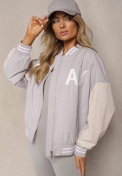 Szara Kurtka Oversize o Fasonie Bomberki na Suwak z Ozdobnym Napisem Irithre. Szare kurtki Renee, xl, bez wzorów, z materiału, bez kaptura. W wyprzedaży za 119.99 zł.