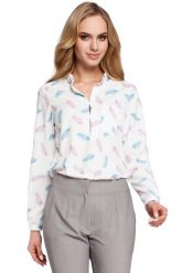 Wzorzysta Ecru Bluzka Koszulowa ze Stójką Model 1. Białe bluzki MOE, l, bez wzorów, z elastanu, bez kołnierzyka, bez ramiączek. Za 219.90 zł.