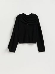 Kardigan z szalem z wełną - czarny. Czarne swetry Reserved, l, bez wzorów, z dzianiny, bez ramiączek. Za 199.99 zł.