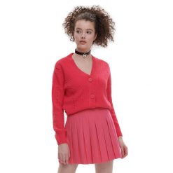 Czerwony kardigan - Różowy. Czerwone swetry Cropp, l, bez wzorów, z tworzywa sztucznego, bez ramiączek. Za 79.99 zł.