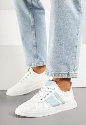 Niebiesko-Białe Tenisówki Ozdobione Paskami Meloti. Niebieskie trampki Renee, bez wzorów, z jeansu, eleganckie, bez zapięcia. W wyprzedaży za 47.99 zł.