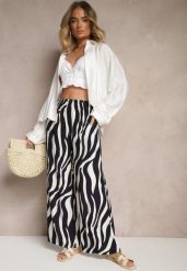 Biało-Granatowe Spodnie o Szerokim Kroju High Waist Ozdobione Paskami Lisamelia. Białe jeansy Renee, l, bez wzorów, z jeansu, eleganckie, z podwyższonym stanem. W wyprzedaży za 29.99 zł.