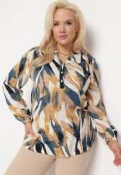 Beżowo-Żółta Bluzka w Abstrakcyjny Wzór z Podpinanymi Rękawami Xaliana. Brązowe bluzki Born2be, plus size, bez wzorów, bez kołnierzyka, plus size, bez ramiączek. W wyprzedaży za 63.74 zł.