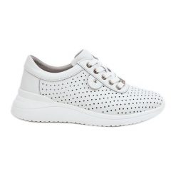 Damskie Skórzane Buty Sportowe Vinceza 79532 Białe. Białe buty treningowe bez wzorów, ze skóry, bez zapięcia. Za 245.28 zł.