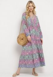 Różowa Sukienka Rozkloszowana z Falbanką w Print Paisley Kapiss. Czerwone sukienki Born2be, l, bez wzorów, eleganckie, bez kołnierzyka, bez ramiączek, maxi, rozkloszowane. W wyprzedaży za 46.74 zł.