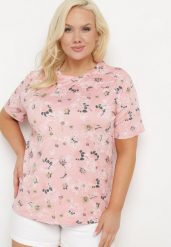 Różowy T-shirt Koszulka z Krótkim Rękawem w Kwiaty Nleessa. Czerwone t-shirty Born2be, plus size, bez wzorów, z jeansu, eleganckie, bez kołnierzyka, bez ramiączek. Za 39.99 zł.