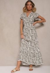 Biało-Zielona Kopertowa Sukienka z Ozdobną Falbanką w Kwiatowy Print Velmoi. Zielone sukienki Renee, na co dzień, l, bez wzorów, eleganckie, bez kołnierzyka, bez ramiączek, maxi, kopertowe. W wyprzedaży za 63.99 zł.