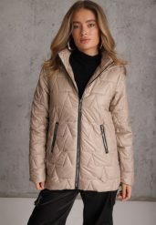 Beżowa Kurtka Przejściowa o Przedłużonym Fasonie z Pikowaniem i Kapturem Santa. Brązowe kurtki Renee, l, bez wzorów, z jeansu, eleganckie. Za 189.99 zł.