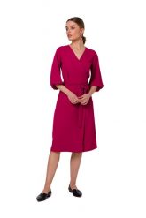 Sukienka elegancka kopertowa z bufiastymi rękawami śliwka. Sukienki Sukienki.shop, do pracy, m, bez wzorów, biznesowe, bez kołnierzyka, bez ramiączek, kopertowe. Za 349.00 zł.