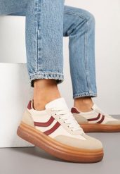 Beżowo-Bordowe Sneakersy Typu Kultowe Tenisówki na Niskiej Platformie Olritia. Brązowe trampki Renee, z aplikacjami, z jeansu, casualowe, bez zapięcia. W wyprzedaży za 75.99 zł.