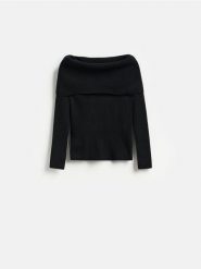 Sweter z wykładanym kołnierzem - czarny. Czarne swetry Reserved, l, bez wzorów, z dzianiny, bez ramiączek. Za 109.99 zł.