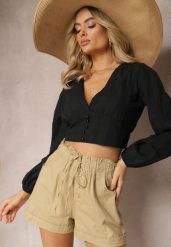 Beżowe Szorty z Guzikami i Gumką w Pasie Ściągane Troczkiem Amalilena. Brązowe szorty Renee, bez wzorów, z szyfonu, eleganckie. W wyprzedaży za 39.99 zł.