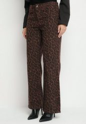 Brązowe Spodnie z Bawełny w Panterkę o Szerokim Kroju Semiritta. Brązowe jeansy Born2be, l, bez wzorów, z bawełny, eleganckie. W wyprzedaży za 127.49 zł.