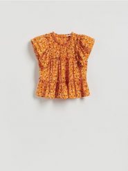 Bluzka z wiskozą - pomarańczowy. Brązowe bluzki Reserved, l, bez wzorów, z tkaniny, klasyczne, bez kołnierzyka, bez ramiączek. Za 119.99 zł.