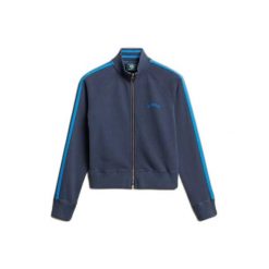 Kurtka dresowa z logo dla kobiet Superdry Essential. Niebieskie kurtki Superdry, bez wzorów, z dresówki, sportowe, bez kaptura. Za 301.20 zł.