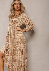 Beżowo-Brązowa Plisowana Sukienka Maxi Ozdobiona Wzorem w Tweedowym Stylu Juvioa. Brązowe sukienki Renee, l, bez wzorów, z materiału, bez kołnierzyka, bez ramiączek, maxi. W wyprzedaży za 118.99 zł.