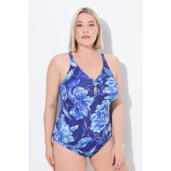 Damski Kostium kąpielowy kwiaty miękkie miseczki ozdobny węzeł. Niebieskie stroje jednoczęściowe Ulla Popken, bez wzorów, z elastanu, sportowe. Za 244.99 zł.