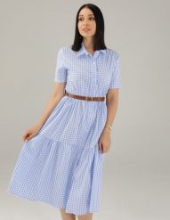 Sukienka w kratkę z paskiem. Sukienki Unisono, l, bez wzorów, klasyczne, bez kołnierzyka, bez ramiączek, mini. Za 279.00 zł.